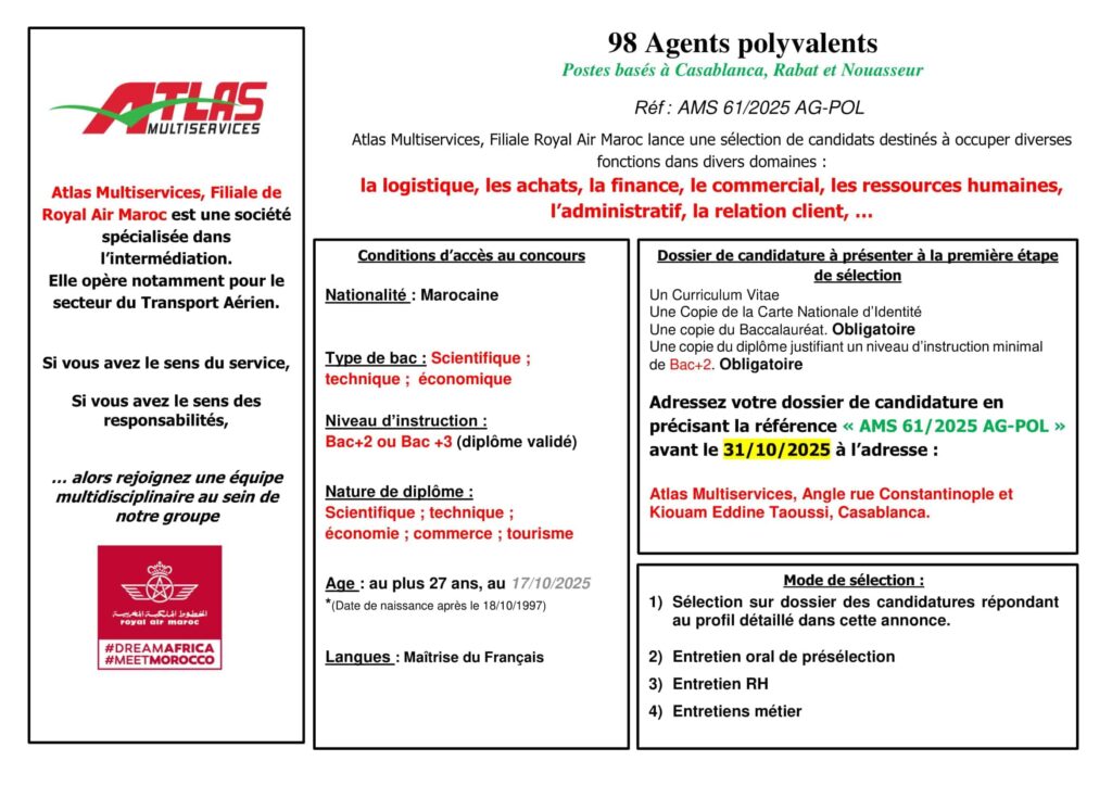 Atlas Multiservices recrute 98 Agents Polyvalents à Casablanca, Rabat et Nouaceur