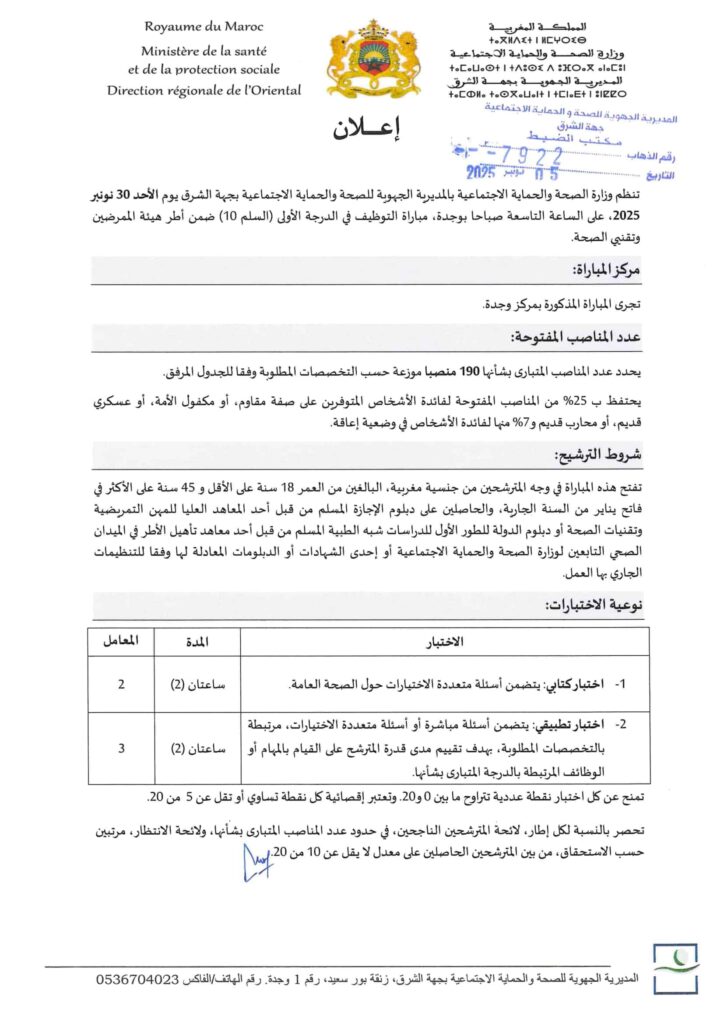 مباراة توظيف 190 منصب بالمديرية الجهوية للصحة لجهة الشرق 2025